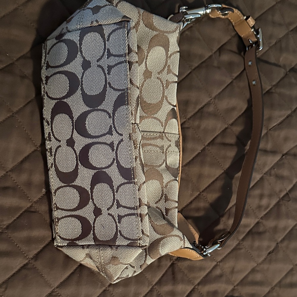 Coach Small Signature Jacquard Shoulder Bag in Khaki and Tan